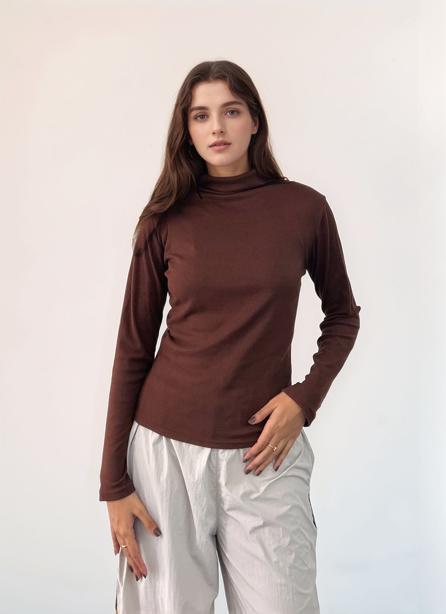 Brown High Neck Ribbed Top