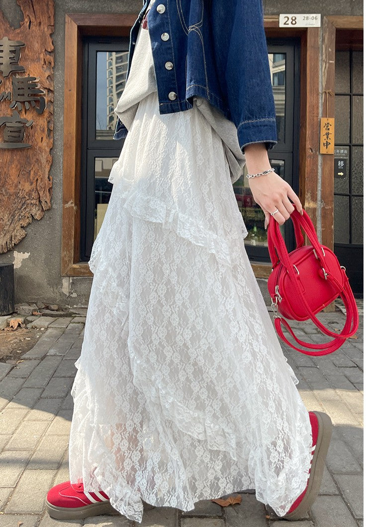 White Mesh Ruffled Skirt