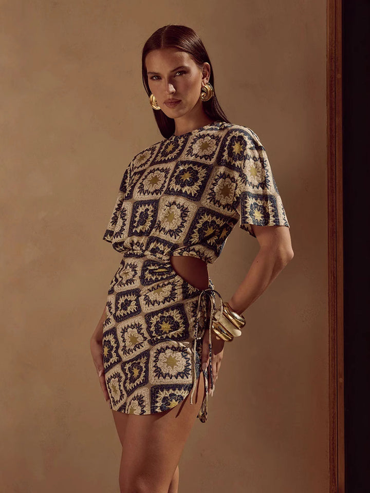 Beige Abstract Printed Waist Cut-Out Dress