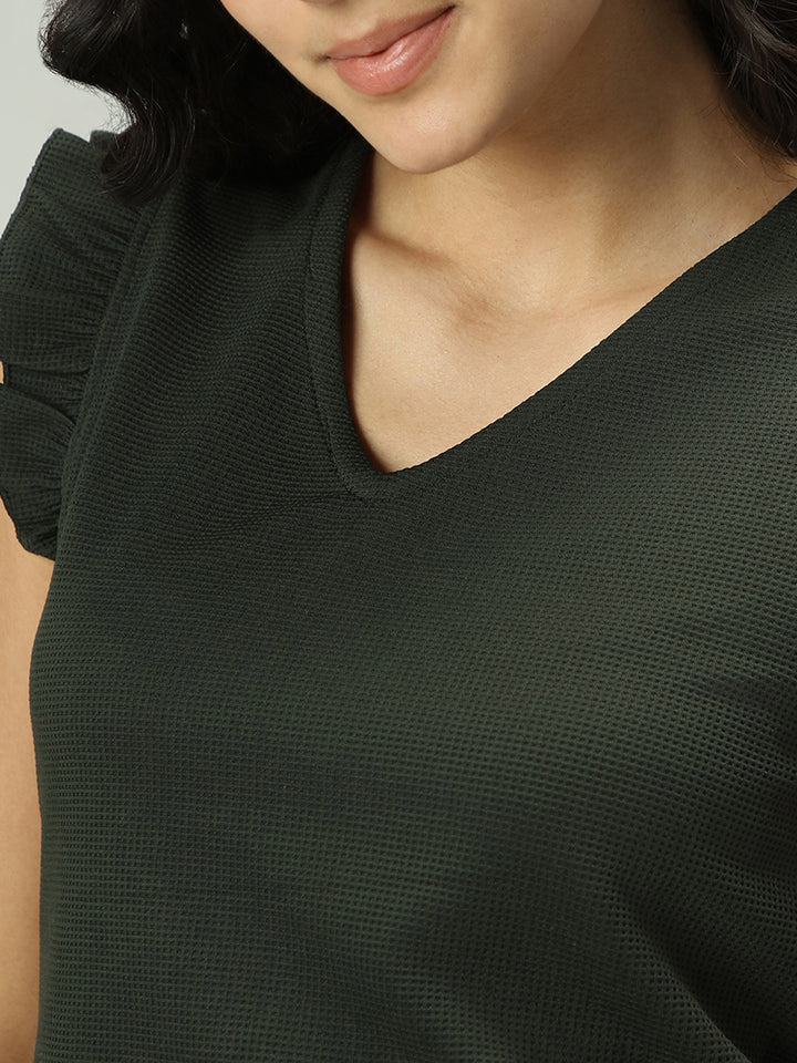 Olive V Neck Ruffled Short Sleeves Top