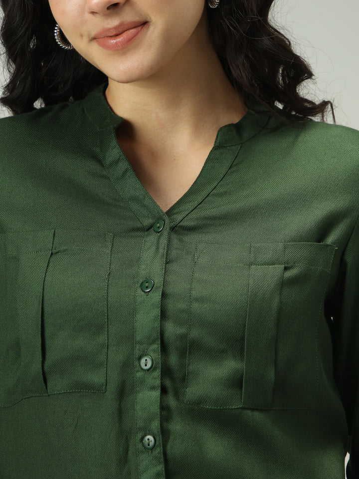 Olive Solid V Neck Shirt