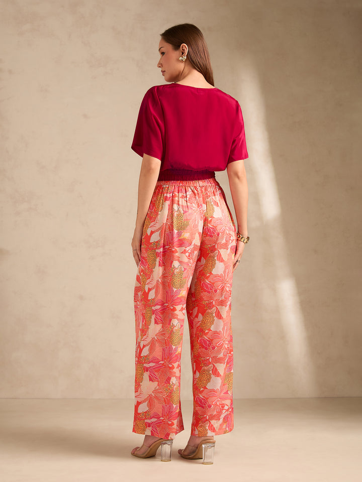 Pink Printed Solid Top With High Rise Wide Leg Trouser Co-Ord Set