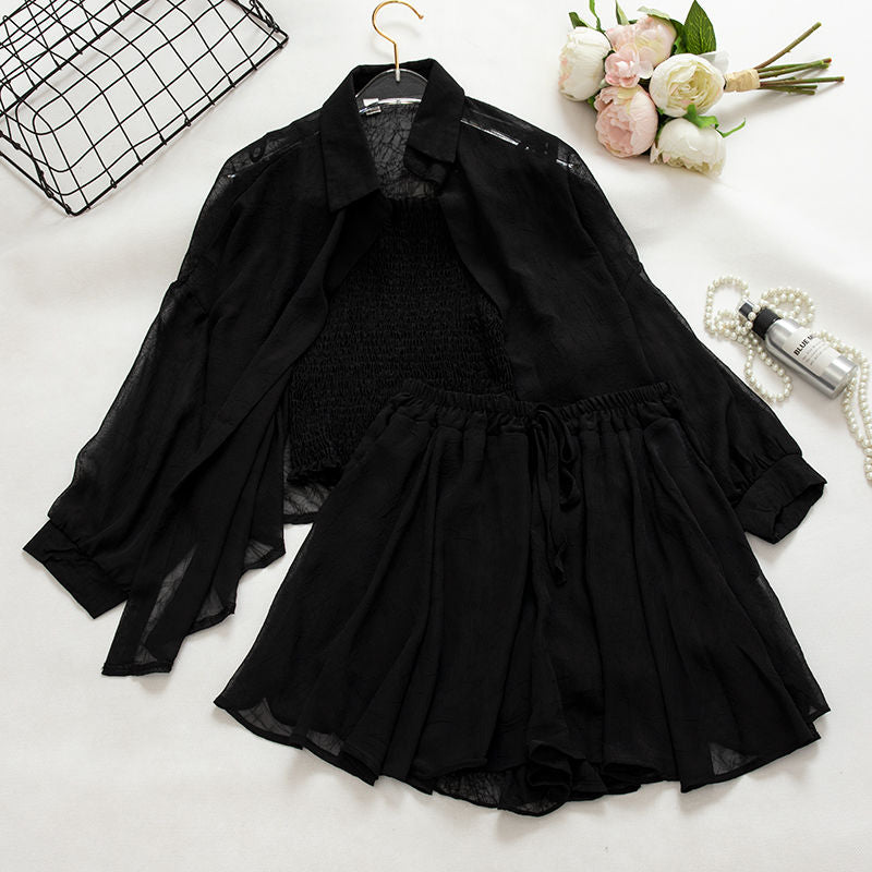 Black Sheer Shirt And Shorts Co-Ord Set