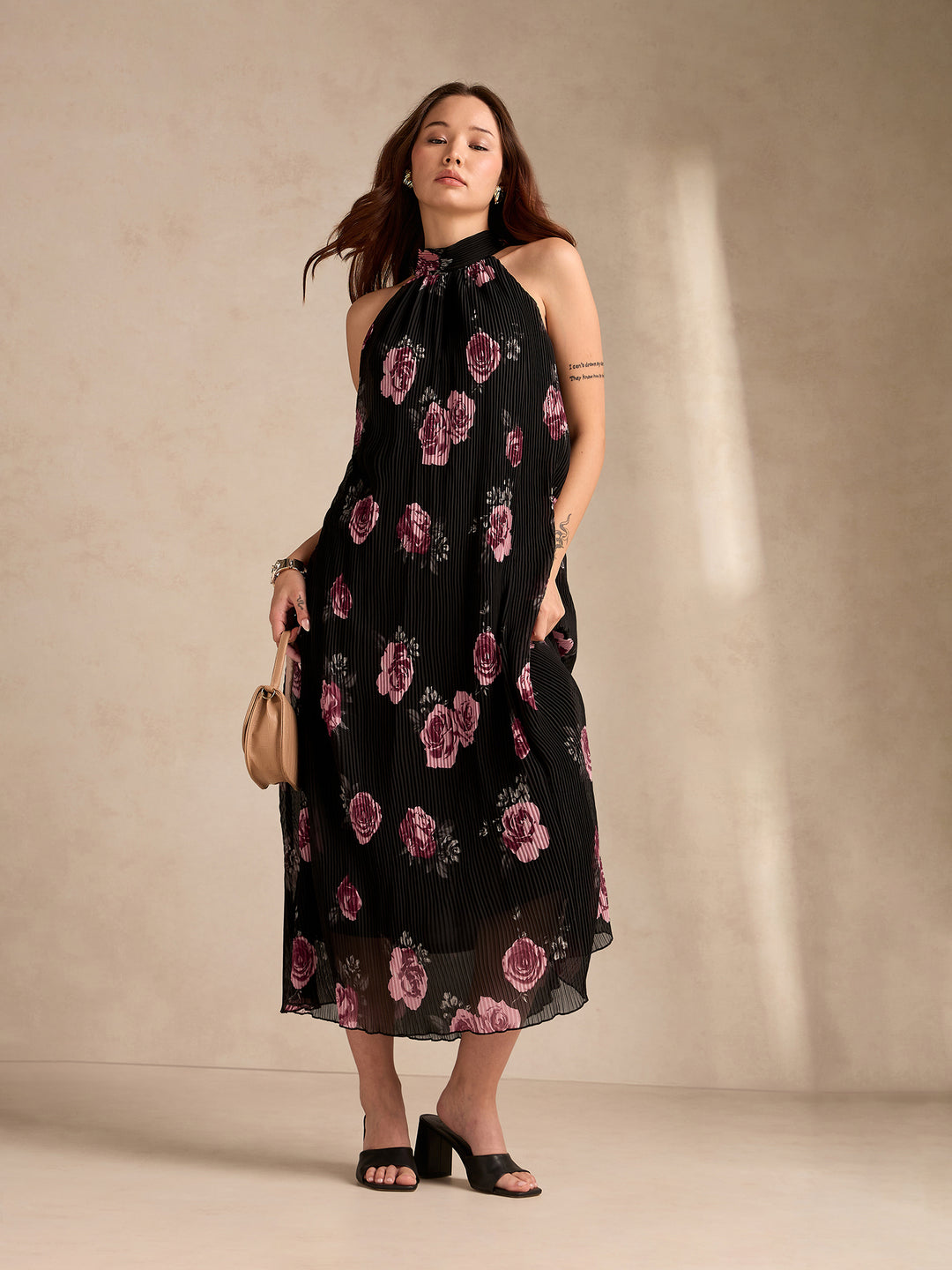 Black Halter Neck Floral Printed Dress