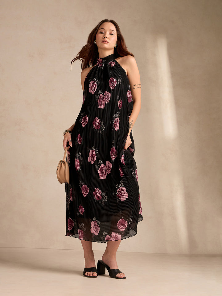 Black Halter Neck Floral Printed Dress