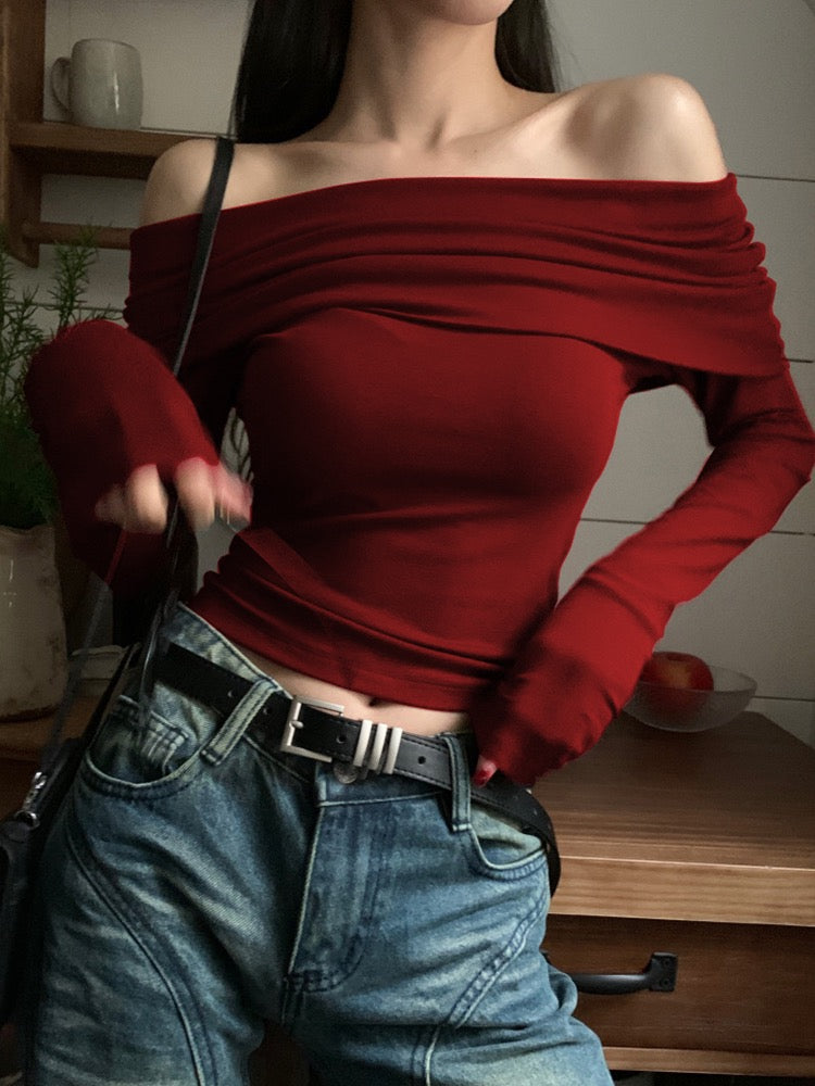Red One Shoulder Flat Knit Top