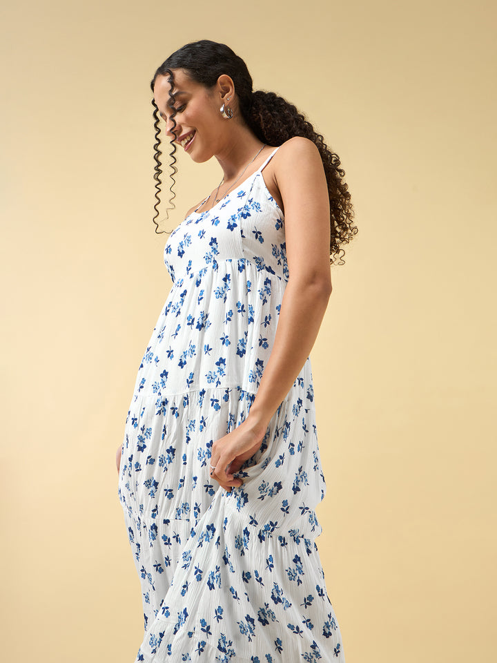 Blue A-Line Tiered Dress With Tie Up Detail At The Back