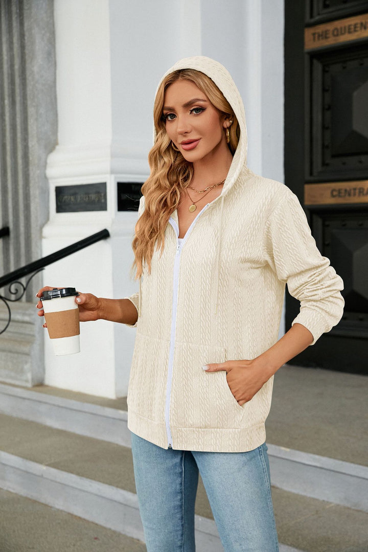 Cream Full Sleeves Front Zip Hooded Jackets