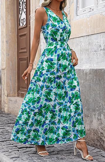 Green V Neck Printed Cinched Waist Dress