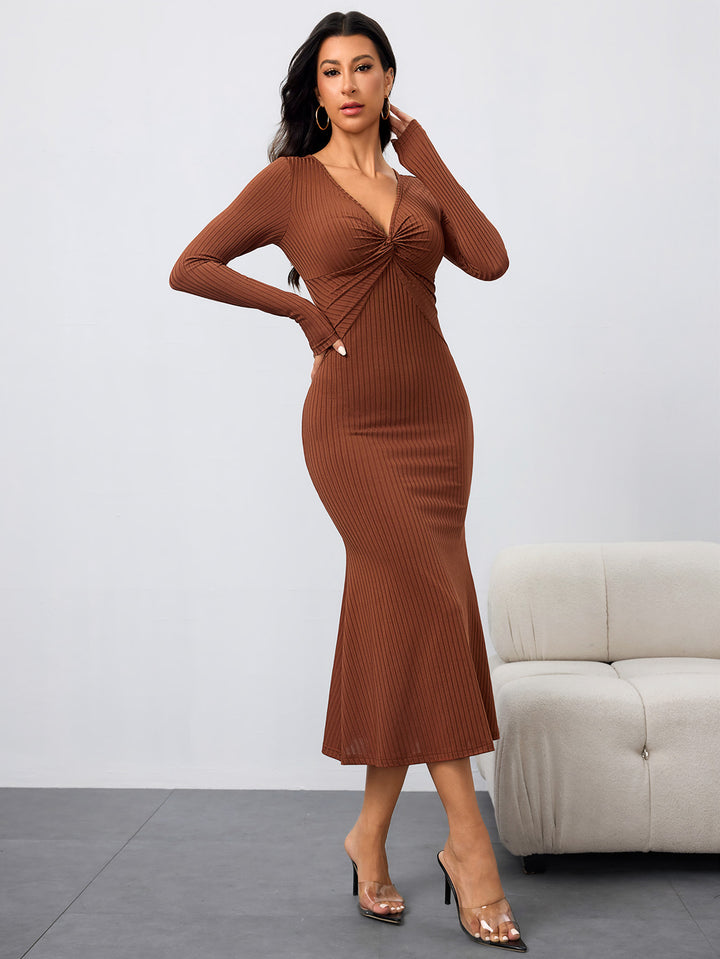Brown Full Sleeve Front Twisted Dress