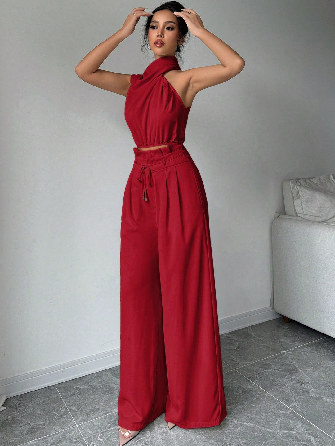 Red Asymmetrical High Neck Top with Wide Straight Pant Co-Ord Set