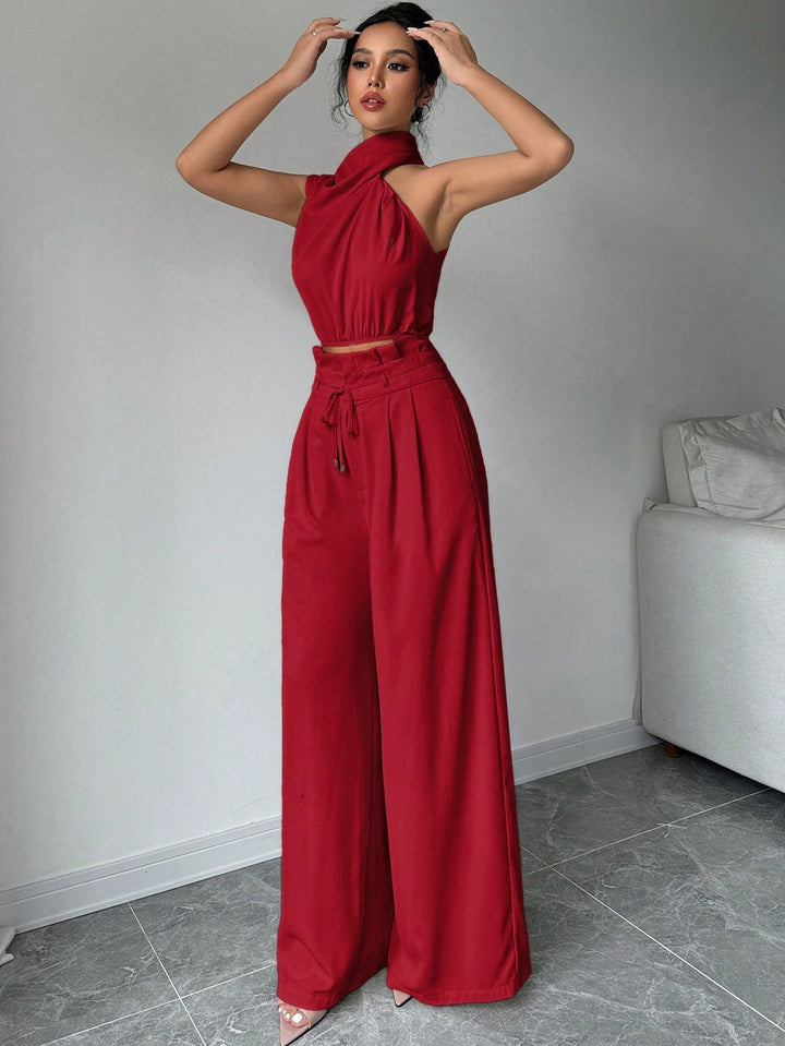 Red Asymmetrical High Neck Top with Wide Straight Pant Co-Ord Set