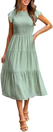 Sea Green Solid Flutter Sleeved And Tiered Dress