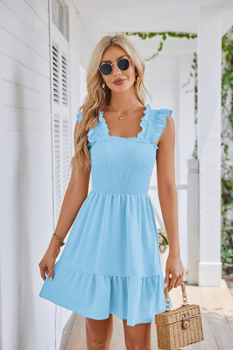 Blue Ruffled Sleeves Tiered Solid Dress