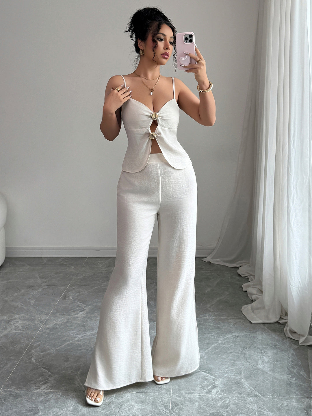 Cream Strappy Top And Pants Co-Ord Set