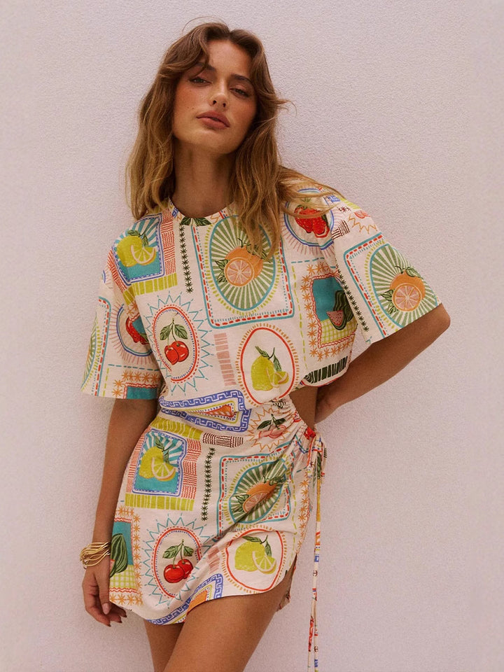 Multi Abstract Printed Waist Cut-Out Ruched Dress