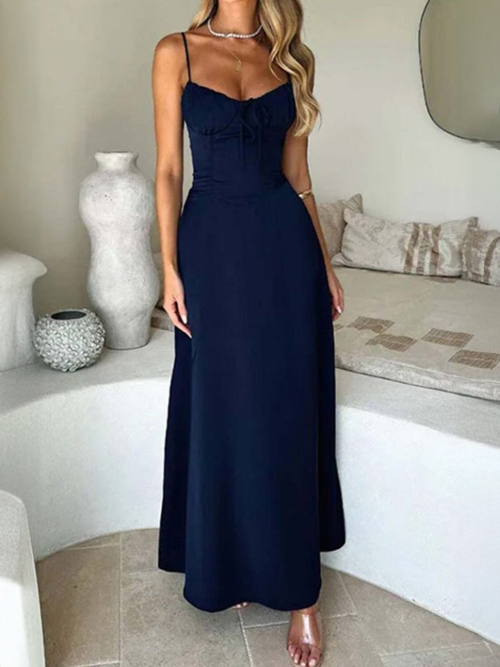 Navy Blue Cinched Waist Solid Fit & Flare Dress