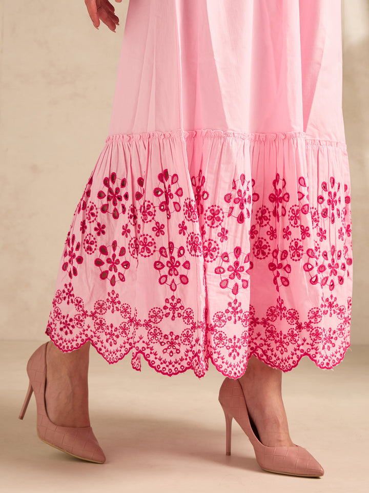 Pink Maxi Dress With Contrast Schiffli
