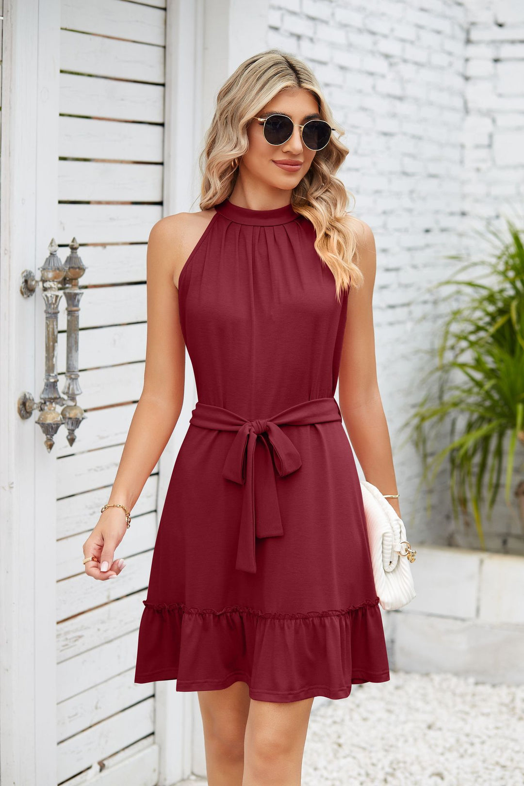 Maroon Sleeveless Front Tie-Up Ruffle Hem Dress