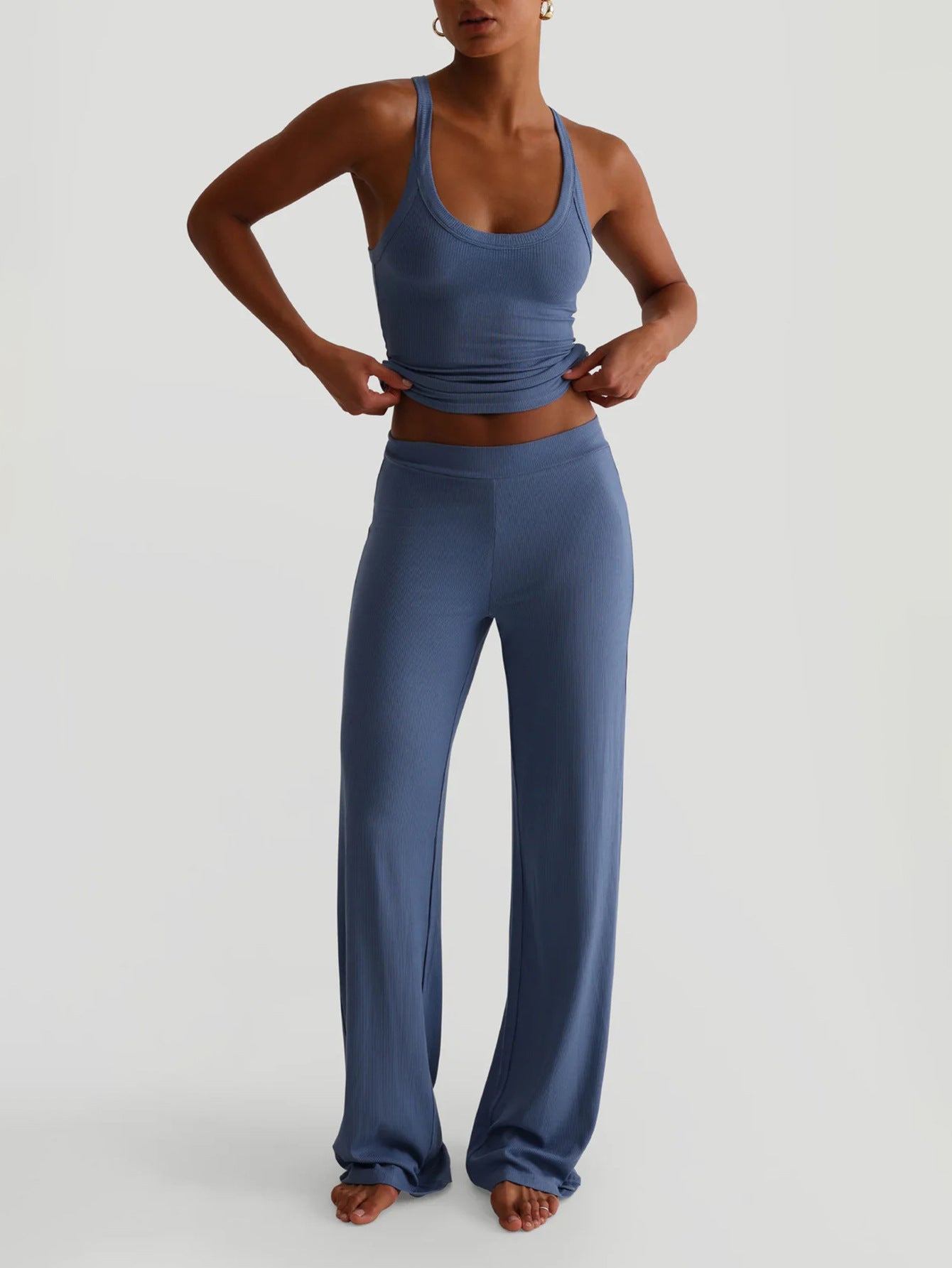 Blue Shoulder Strap Solid Top And Pant Set