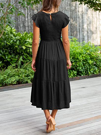 Black Solid Flutter Sleeved And Tiered Dress