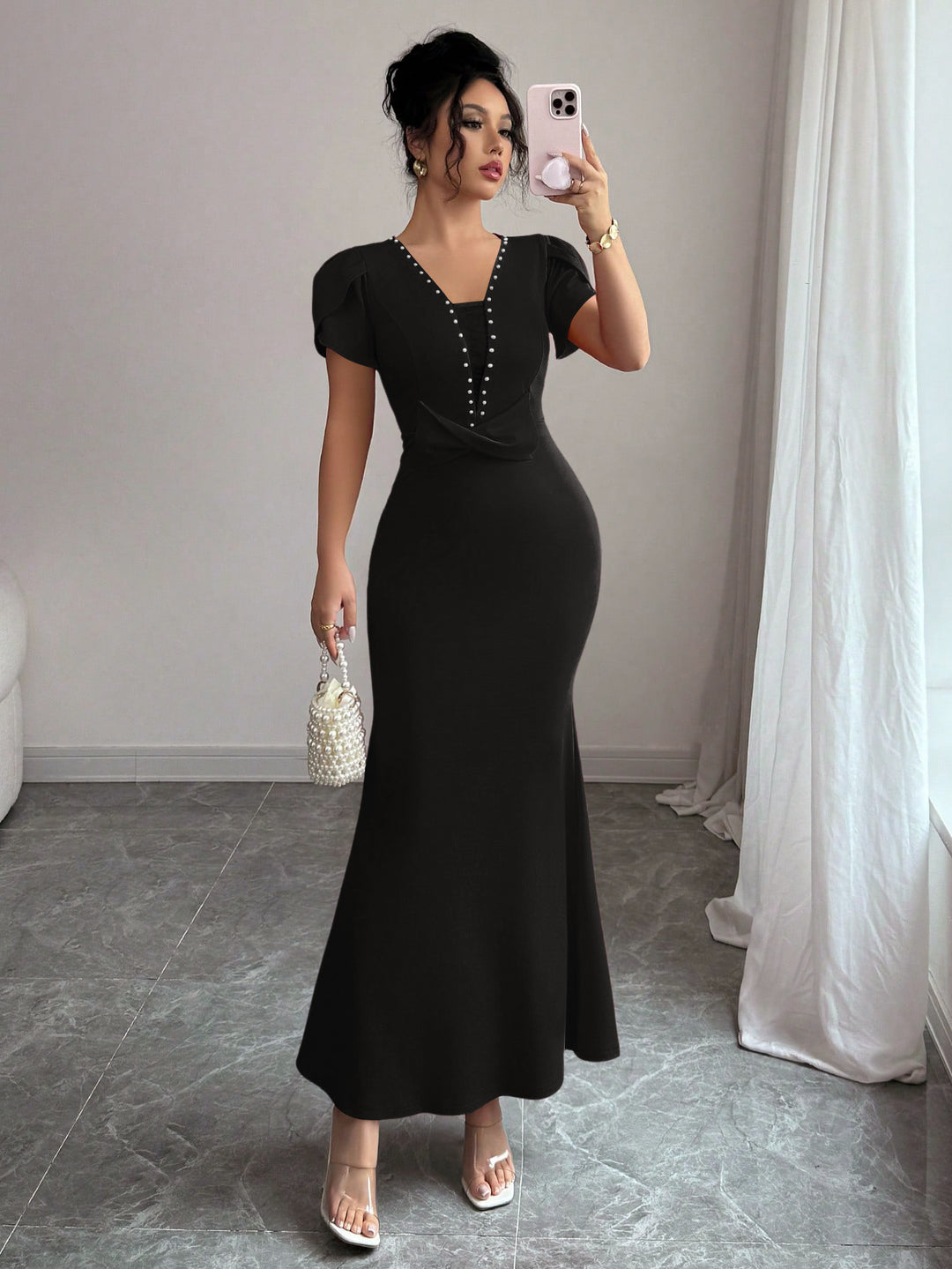 Black Petal Sleeve V-Neck Dress