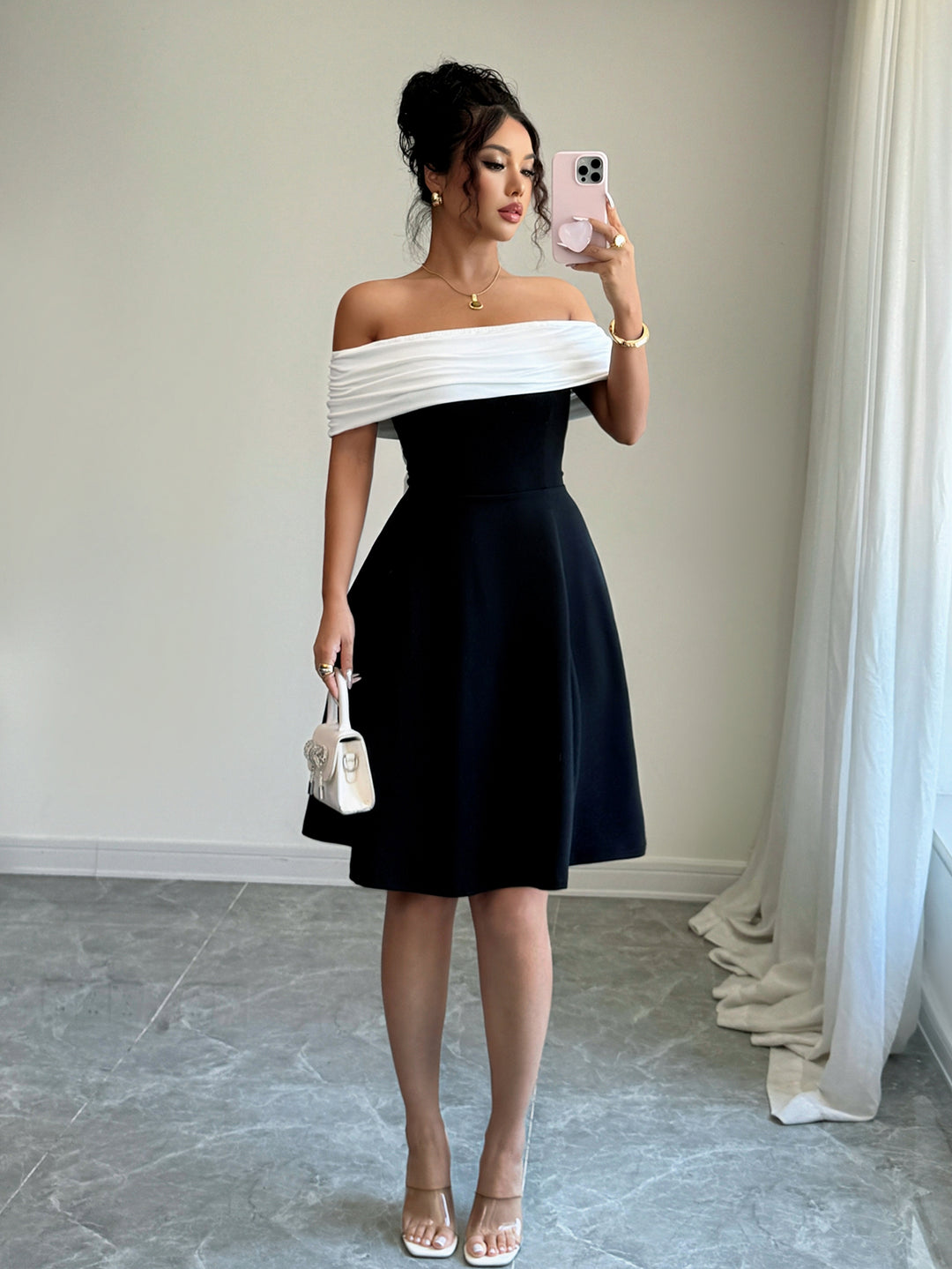 Black Off-Shoulder Colour Block Back Bow Dress