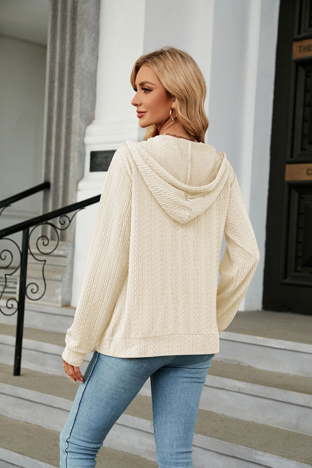 Cream Full Sleeves Front Zip Hooded Jackets