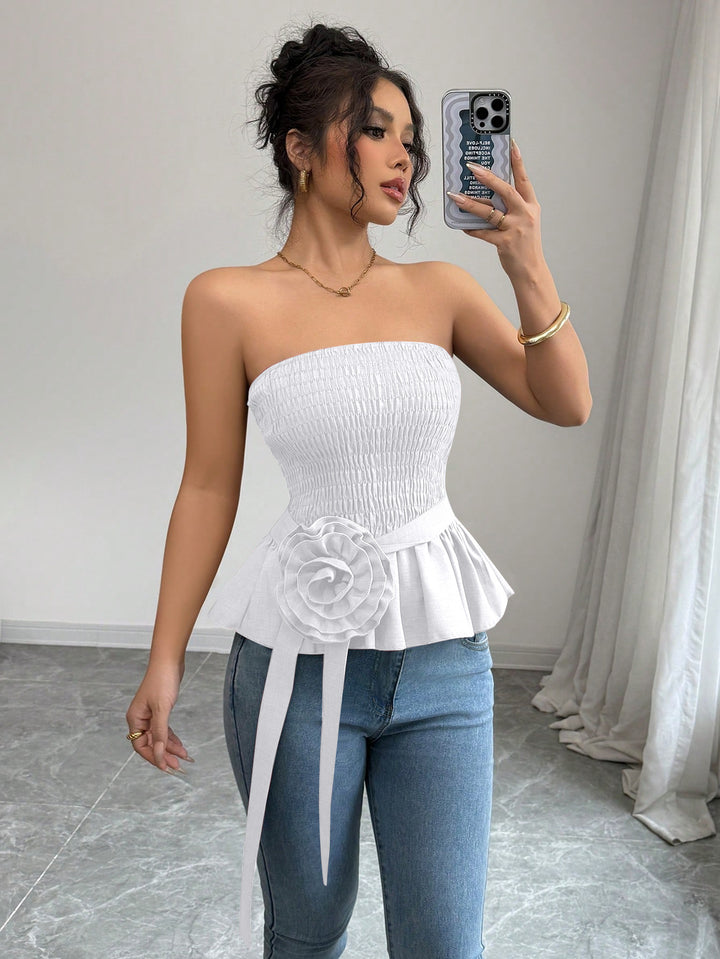 White Strapless Smocked Top
