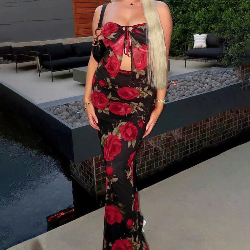 Black Floral Off Shoulder Top With Fitted Skirt Coord Set