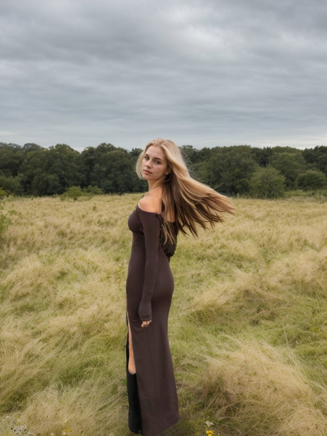 Brown Full Sleeve Front Detail Slit Dress