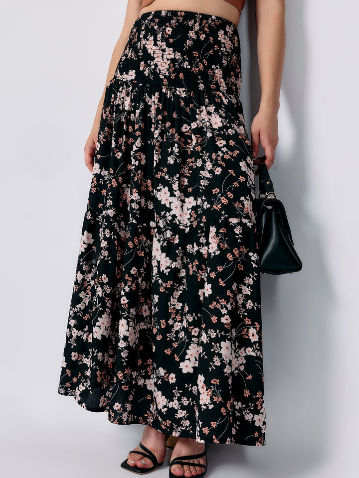 Black Three Tired Midi Skirt Printed