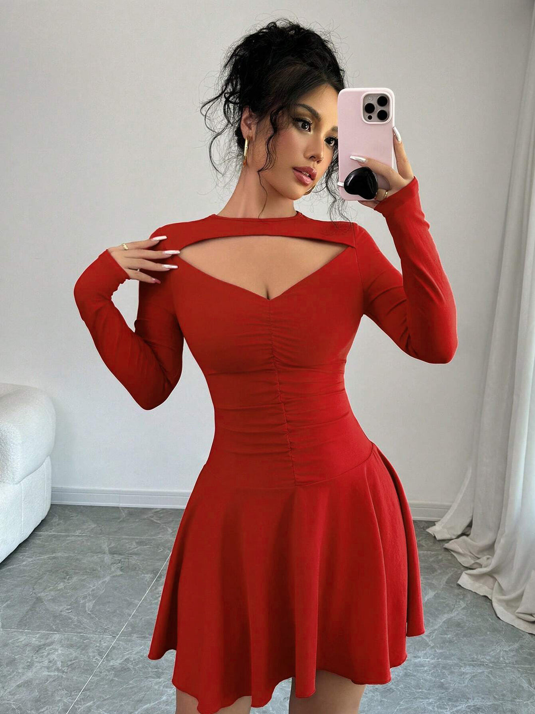 Red Full Sleeve Cut-Out Detail Dress