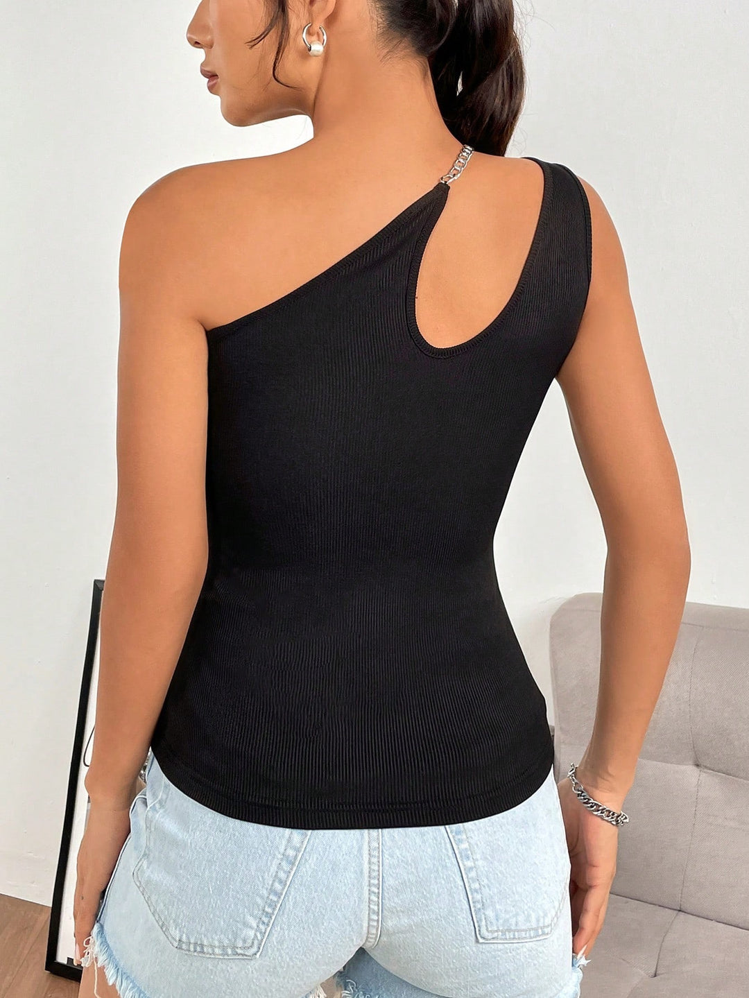Black One Sleeve Neck Cut-Out Detail Top