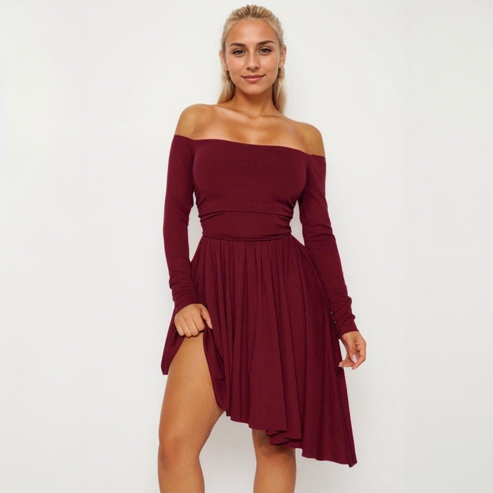 Burgundy Off-Shoulder Skater Pleated Dress