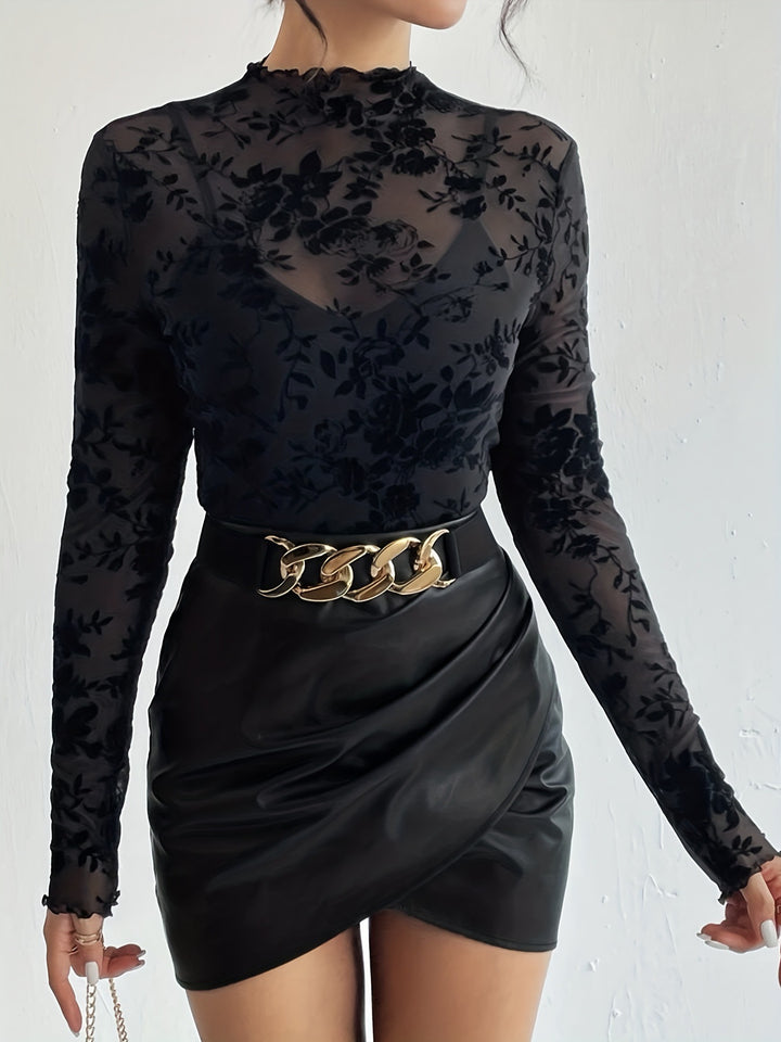 Black Full Sleeve High Neck Mesh Top