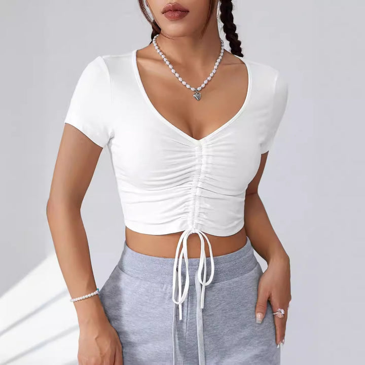 White Cropped V Neck Ruched Knit Top