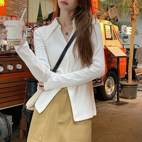 White Textured V Neck Shirt
