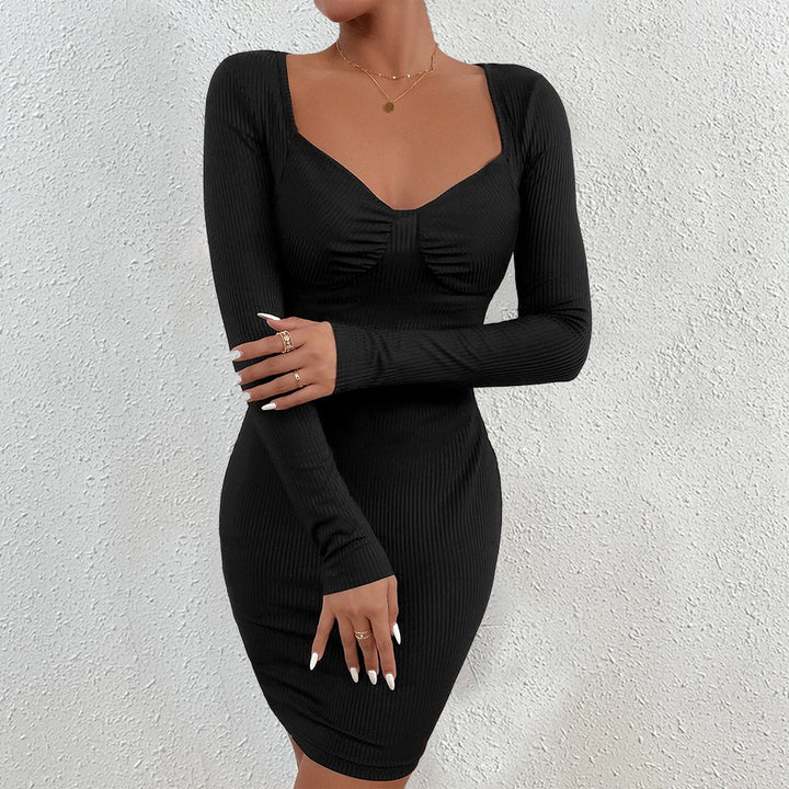 Black Full Sleeved Scoop V-Neck Bodycon Dress