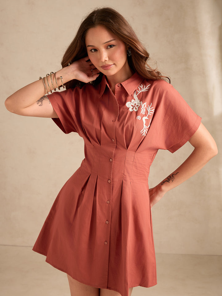 Rust Dolman Fit Printed Shirt Dress With Belt Detail