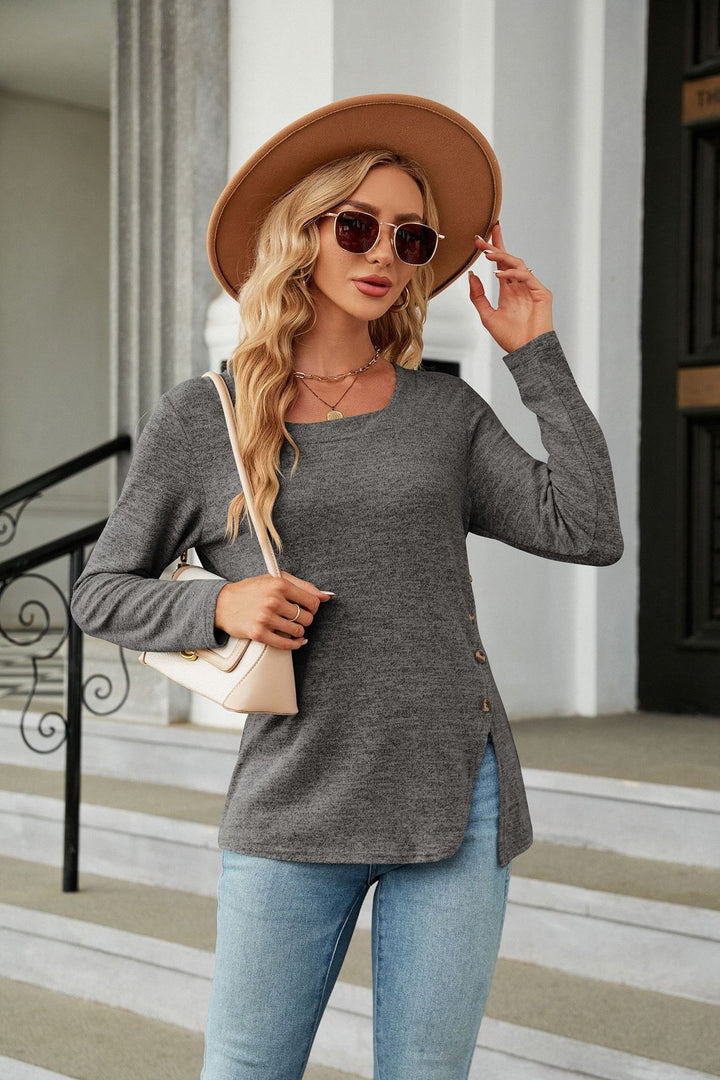 Grey Full Sleeve Side Slit Top