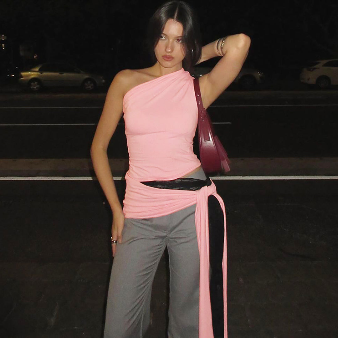 Pink Lace Up Single Shoulder Top