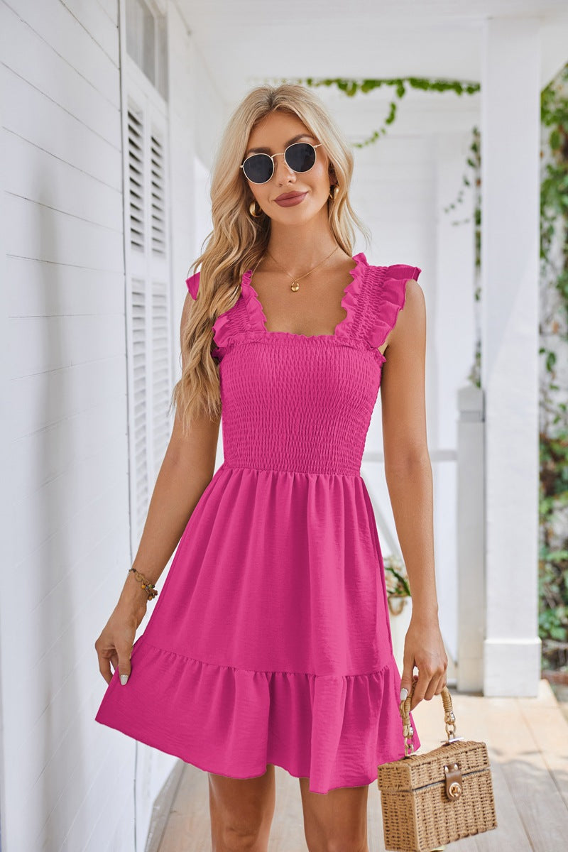Magenta Ruffled Sleeves Tiered Solid Dress