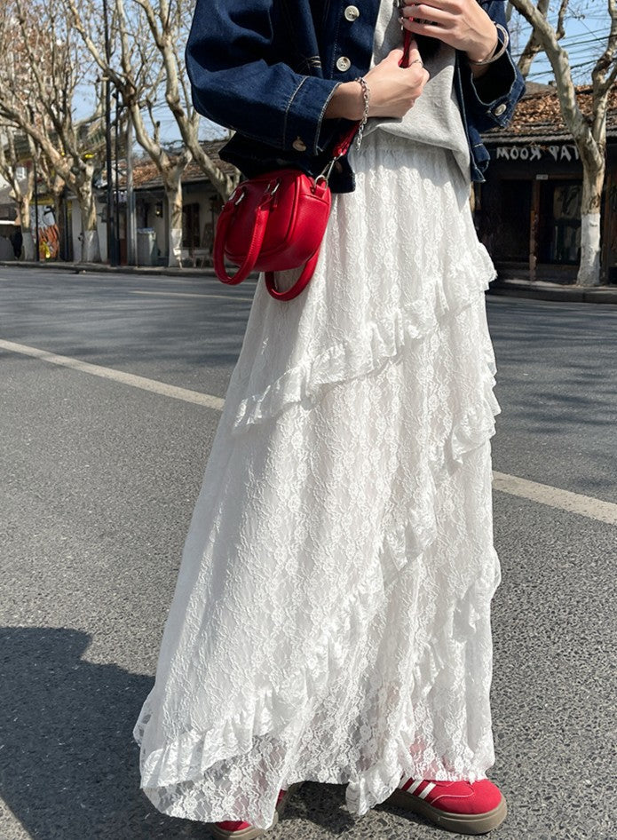 White Mesh Ruffled Skirt