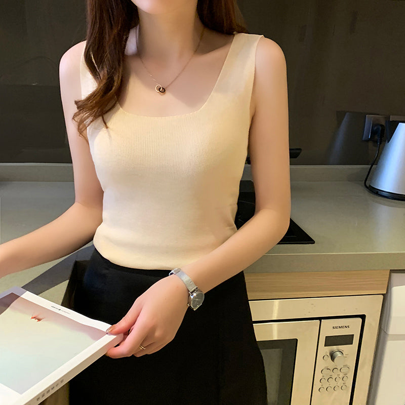 Cream Square Neck Wide Strapped Tank Top