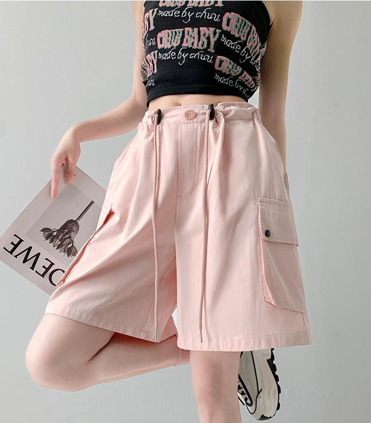 Pink Relaxed Fit Drawstring Cargo Shorts