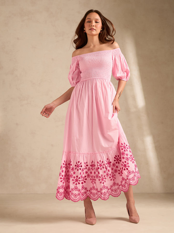Pink Maxi Dress With Contrast Schiffli