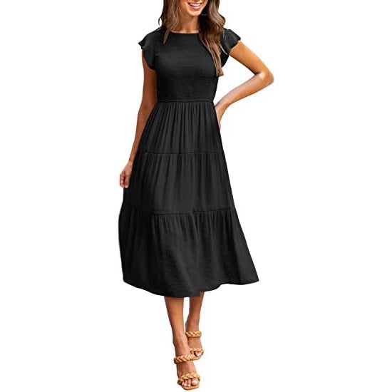 Black Solid Flutter Sleeved And Tiered Dress