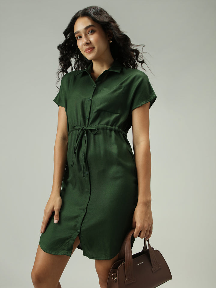 Olive Shirt Dress With Elasticated Waist