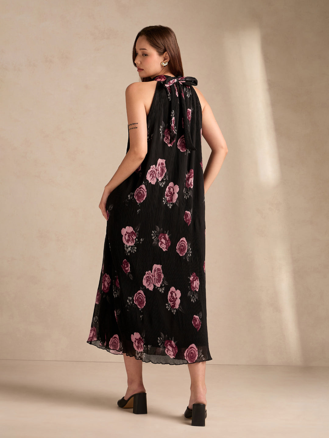 Black Halter Neck Floral Printed Dress